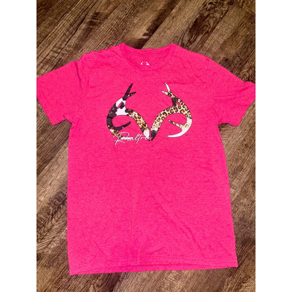 Realtree Womens Heather Pink Antler Graphic Tee Leopard Cow Print Logo Medium